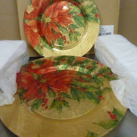 🎄SALE Set Holiday Gold Poinsettia Decoupage Glass Candle Plates Chargers NWT - Picture 3 of 5